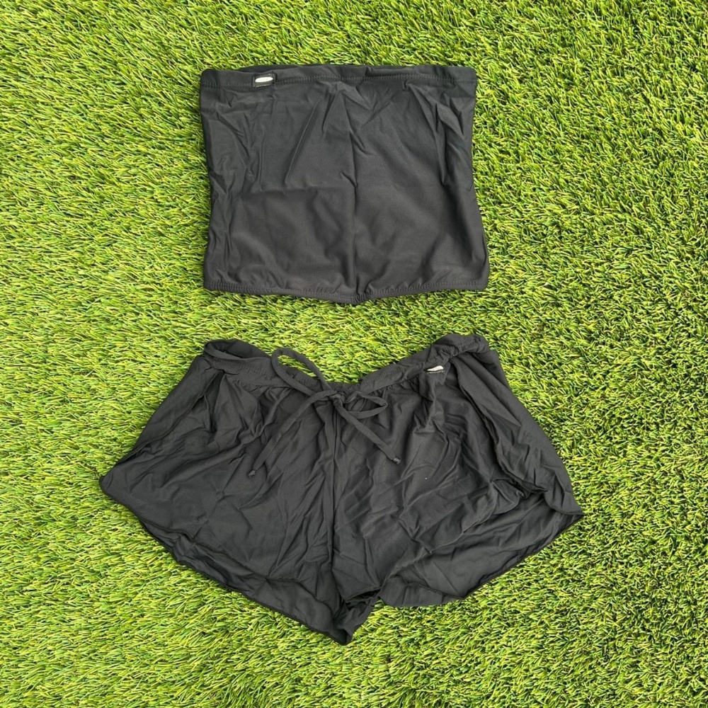 Waist Length Black Bandeau Top with Shelf Bra and Open Sided Shorts